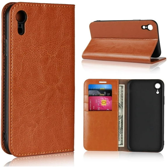 iPhone XR Wallet Case,Premium Leather Folio Flip Case Cover Book Design with Kickstand Feature with Card Slots/Cash Compartment for iPhone XR - Khaki