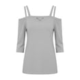 thumbnail image 4 of ClodeEU Women's V Neck 3/4 Sleeve Off-Shoulder Top, Fashion Solid Color Casual Fit T-Shirt Gray,Women's Plus XL, 4 of 5