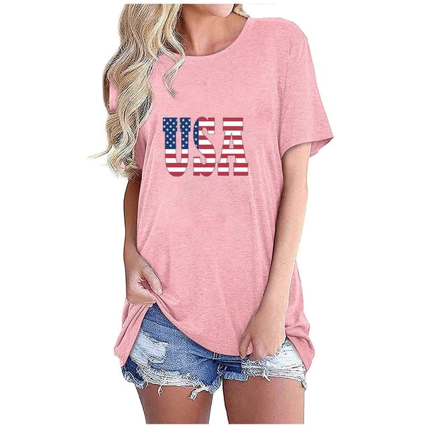 Tops Cortos para Mujeres Bandera de Moda Impresa Cuello Redondo, Camiseta de Manga 3/4 para Uso Diario, Casero Y Cómodo