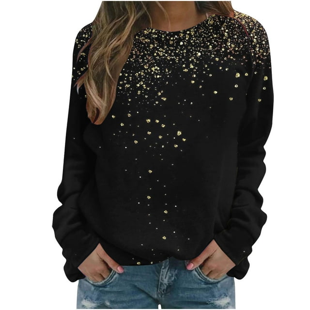 AherBiu Chandails à Col Rond pour Femmes Manches Longues Imprimé Brillant Printemps Décontracté Ample Chandail Pailleté Hauts