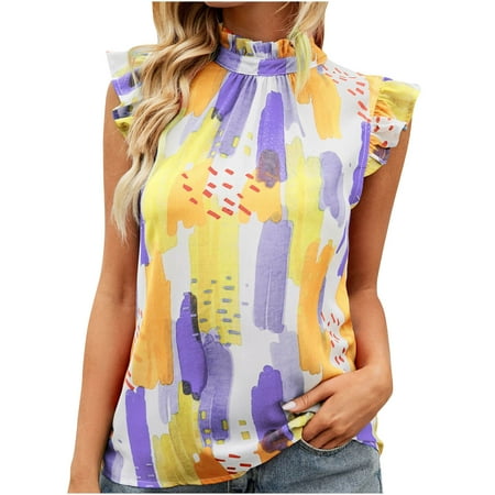 

Long Sleeve Shirts for Women Long Sleeve Crop Top Large Size Trendy Women Summer Ruffles Sleeveless Print Causul Sexy Blouse Tops Going Out Tops Square Neck Tops for Women Yellow XL
