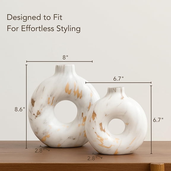 Modern Ceramic Donut Vase Set of 2 - Boho Design White and Gold Marble Pattern Vases for Flowers and Pampas - Elegant Home Decor Centerpieces for Coffee Tables