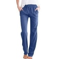 thumbnail image 2 of Linen Pants Women Spring Summer Dressy Casual High Waisted Drawstring Pant Cotton Straight Leg Lounge Trousers Blue S, 2 of 5