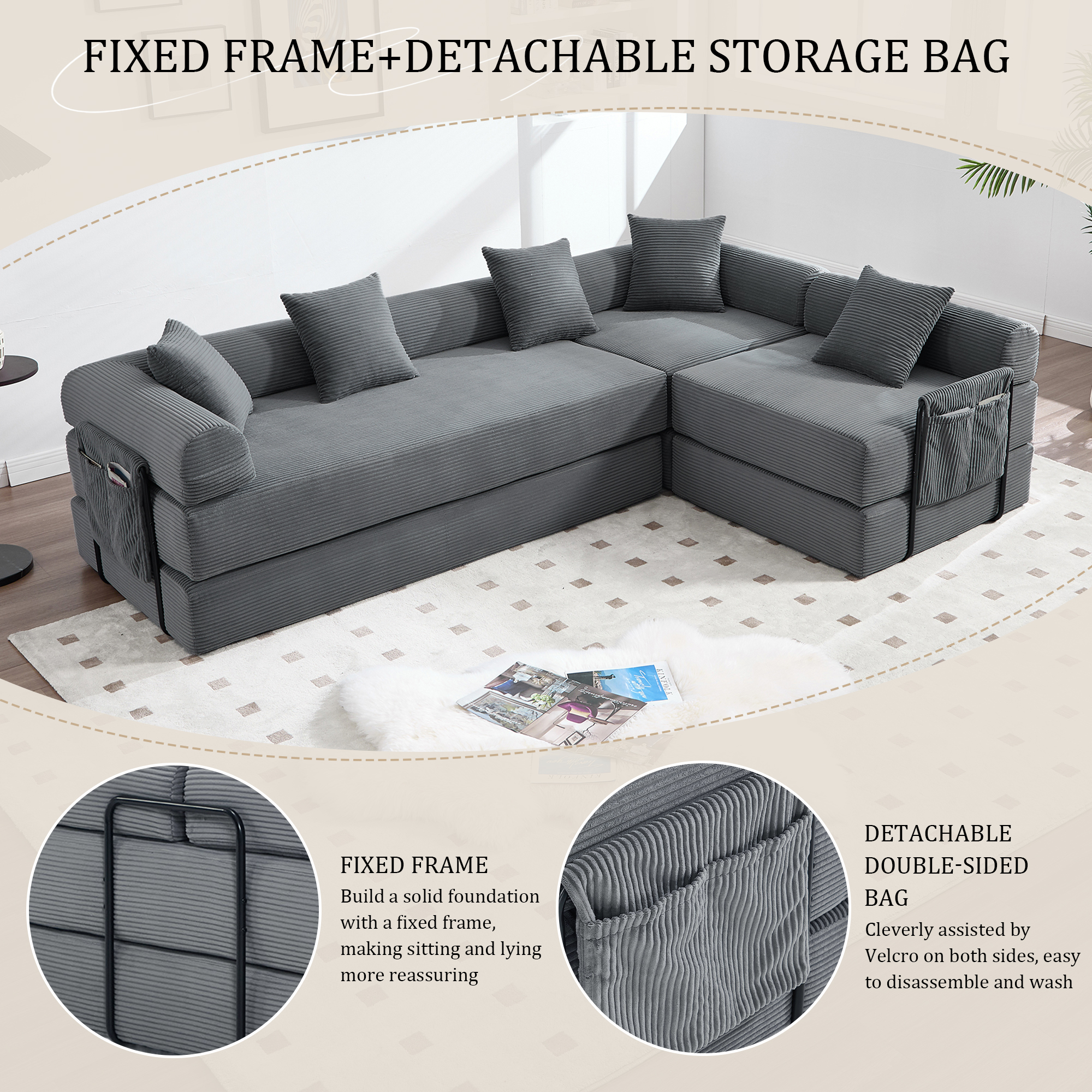 MOONMISS Corduroy Upholstered Convertible Folding Sofa Bed with Fixed Frame and Pillow Back Handrail-Gray