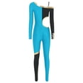 thumbnail image 4 of TiaoBug Womens' Long Sleeve Unitard Gymnastics Ballet Dance Bodysuit One Shoulder Metallic Color Block Waist Cut Out Jumpsuit Blue XXL, 4 of 4