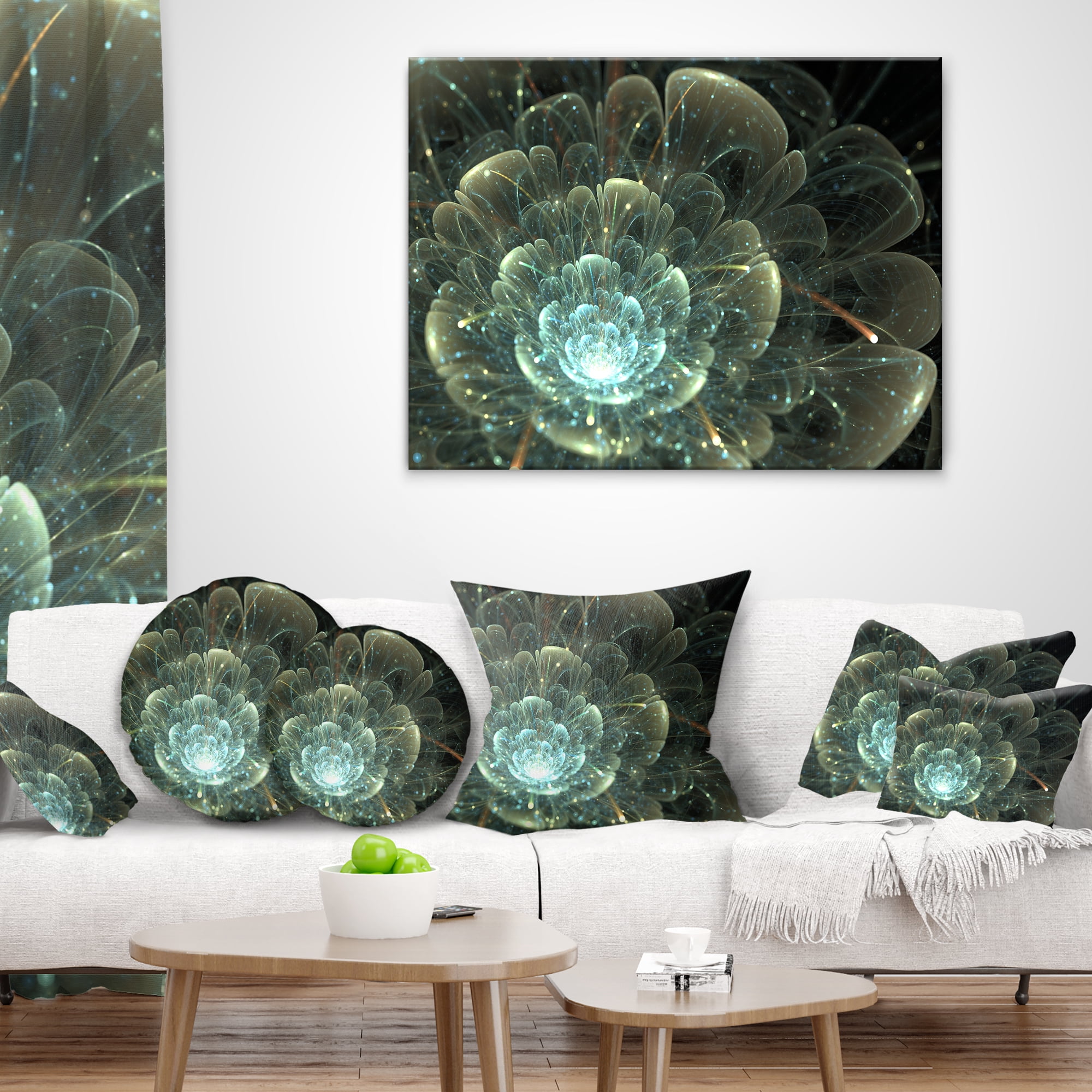 Designart Fractal Flower Blue and Gray - Floral Throw Pillow - 16x16