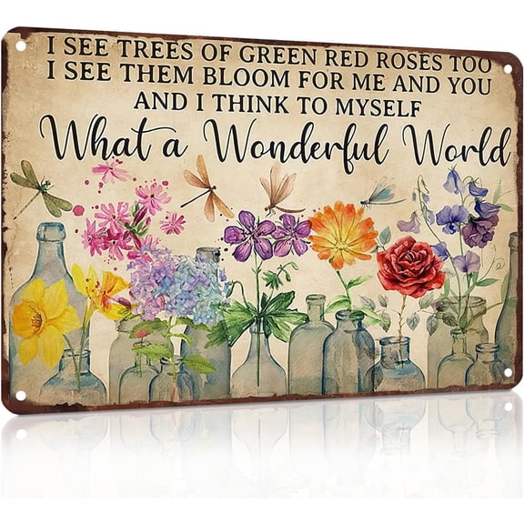 Vintage Gardening Metal Sign What A Wonderful World Flower Tin Plate for Outdoor Garden Greenhouse Yard 8x12 Inch