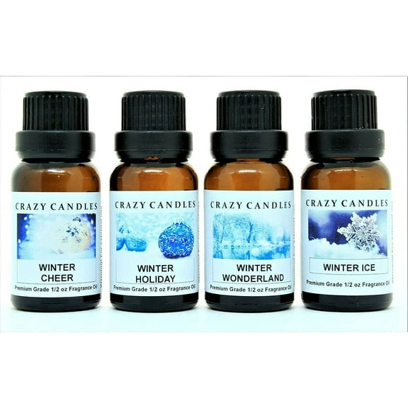 Crazy Candles 4 Bottles Set (Made in USA) 1 Winter Cheer, 1 Winter Holiday, 1 Winter Wonderland, 1 Winter Ice 1/2 Fl Oz Each (15ml) Premium Grade Scented Fragrance Oils