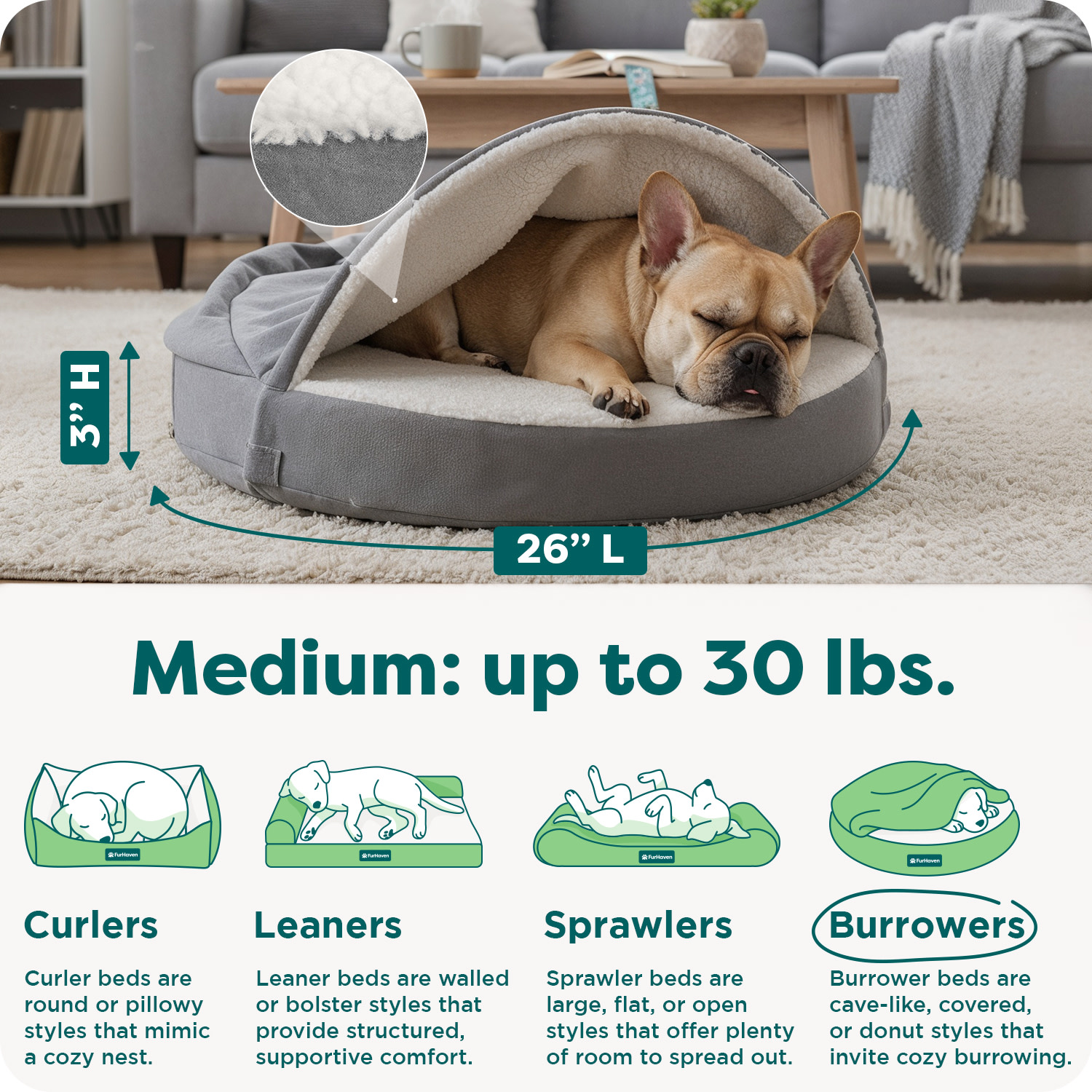 FurHaven Round Orthopedic Dog Bed for Medium Dogs, Memory-Top Foam with a Solid Orthopedic Foam Base, Attached Blanket Hood and Washable Cover, Medium, Faux lambswool & Suede Snuggery, Gray