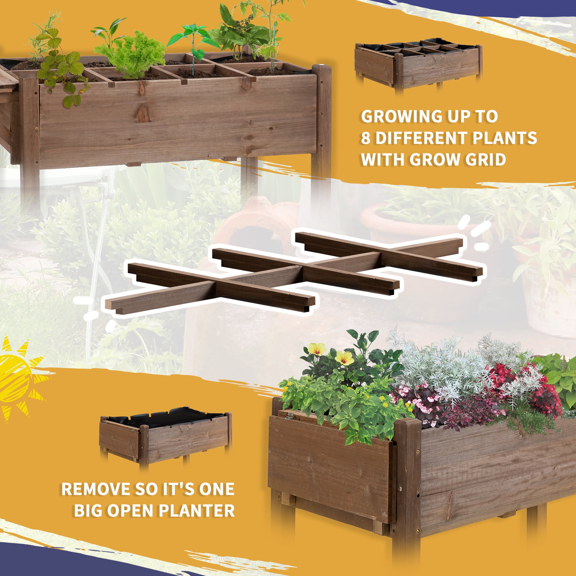 Raised Garden Bed with 8 Grow Grids, Wooden Outdoor Plant Box Stand with Folding Side Table and Wheels, for Vegetables, Flowers, Herbs, Brown