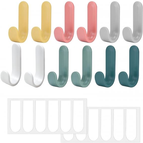 LAMIRO 12Pcs Colorful Self Adhesive Hooks,Plastic Wall Hook,Heavy Duty Towel Hooks,Towel Rack Coat Rack Hook For Bathroom,Bedroom,Kitchen,Office,Door