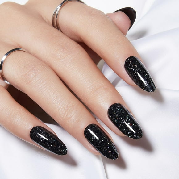 Presiona Nails Modelones, color negro brillante, forma de almendra, 32 unidades