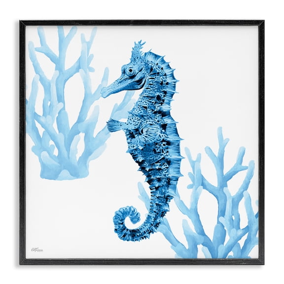 Stupell Industries Blue Tone Seahorse & Coral Animals Painting Black Framed Art Print Wall Art, 12 x 12