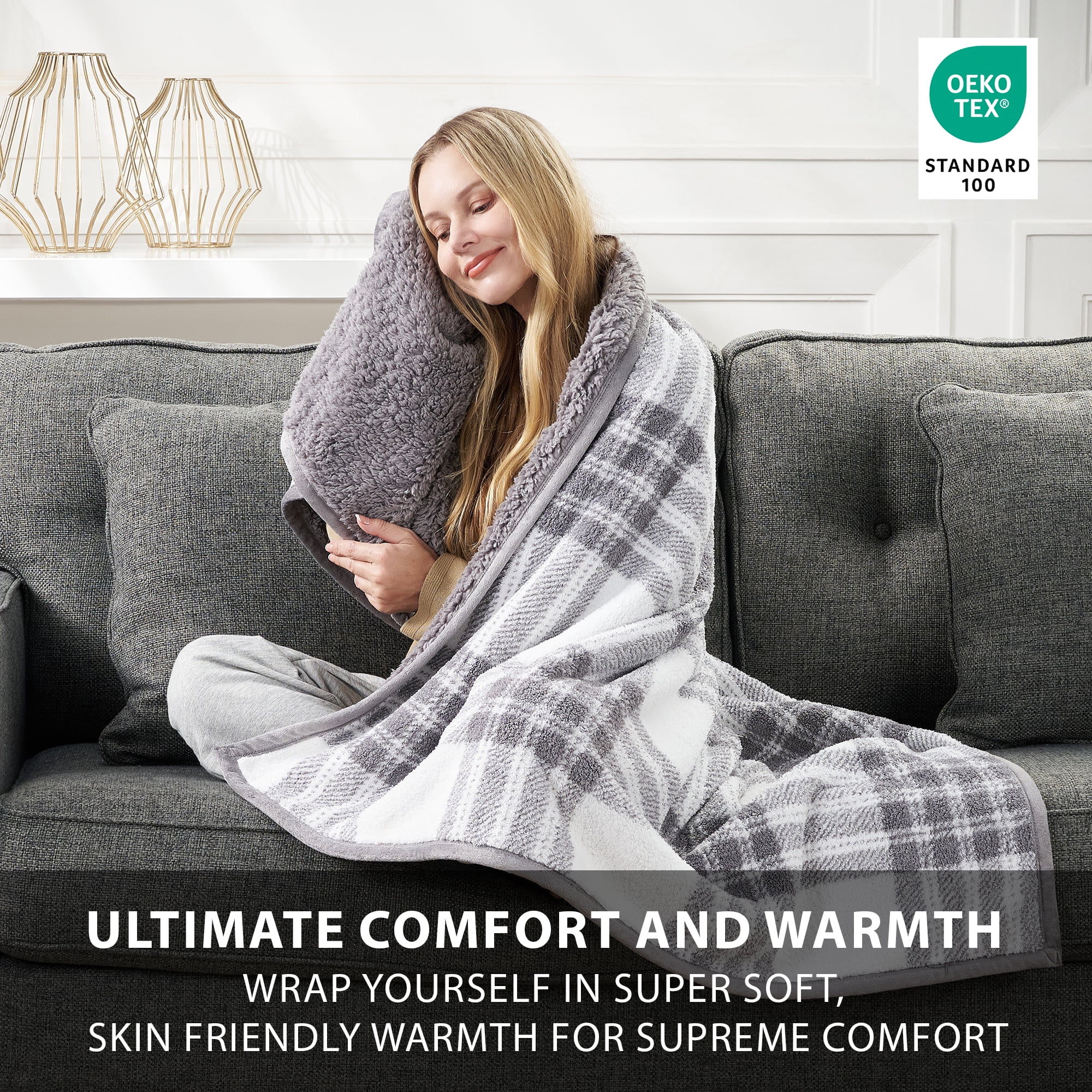 CBCHome Reversible Soft Sherpa Throw Blanket - Cute and Cozy Thick Throw for Couch, Warm Gifts for Women (Grey Plaid, 50" x60")