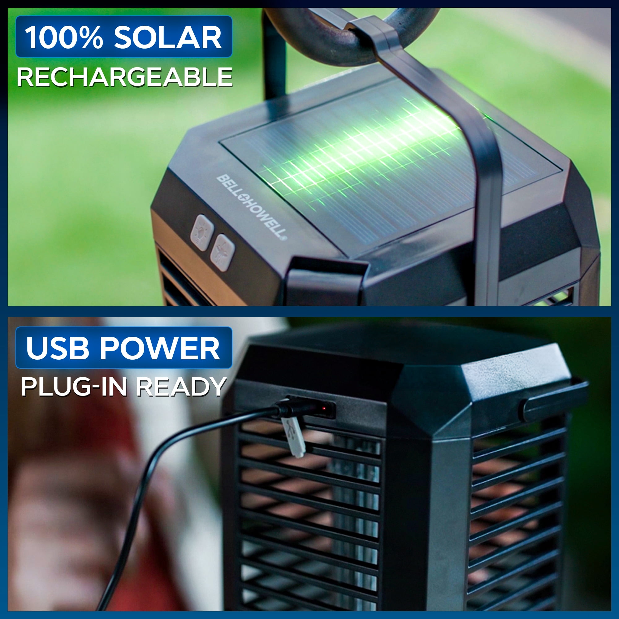 Bell and Howell Rogue 2 in 1 Solar Bug Zapper Outdoor and Bug Zapper Indoor Plug in for Mosquito, Fly, Solar Powered & USB-C Rechargeable Camping Lantern, LED Flash Light, Safe for Kids