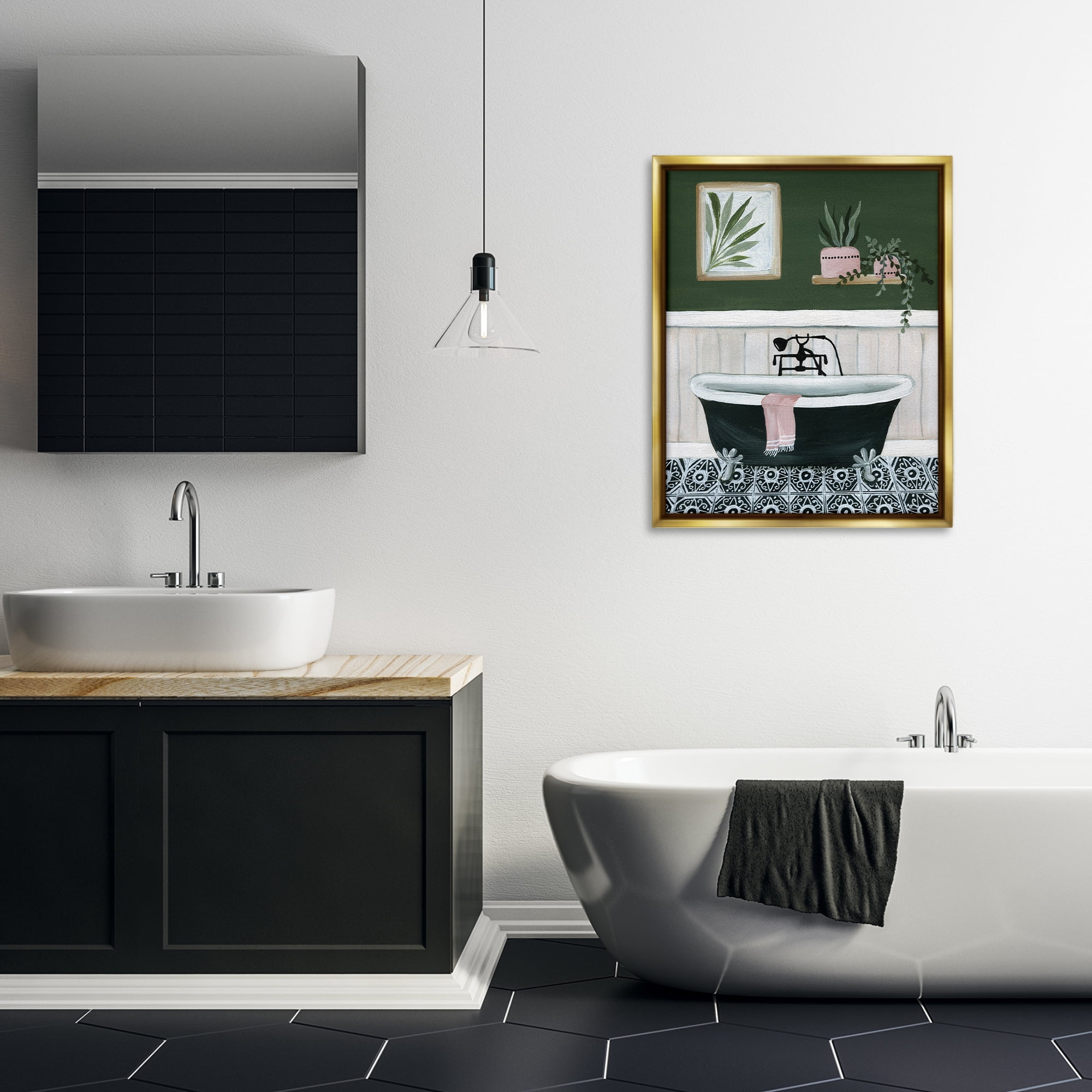 Stupell Industries Green Bathroom Scene Typography Painting Gold Floater Framed Canvas Art Print Wall Art, 25 x 31