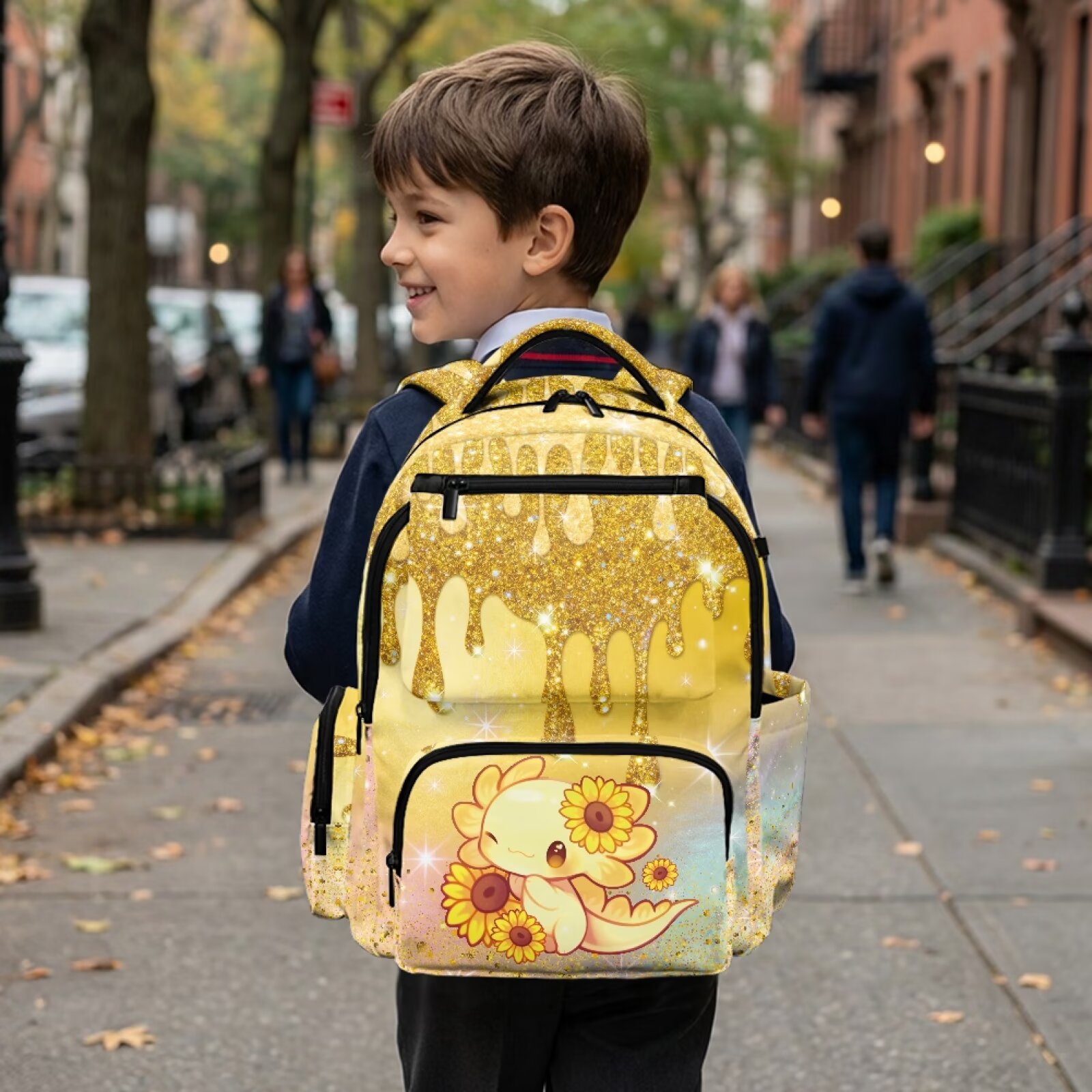 Mochila escolar para niños y niñas con estampado de ajolote y girasol, 17 pulgadas, resistente al agua, múltiples bolsillos, correas acolchadas ajustables, gran capacidad 4