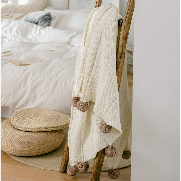 Pom Pom Throw Blanket 100 Polyester Knitted Throw Blanket for Sofa Bed Couch Office Super Soft Cable Knitted Blanket Off White 51 x63