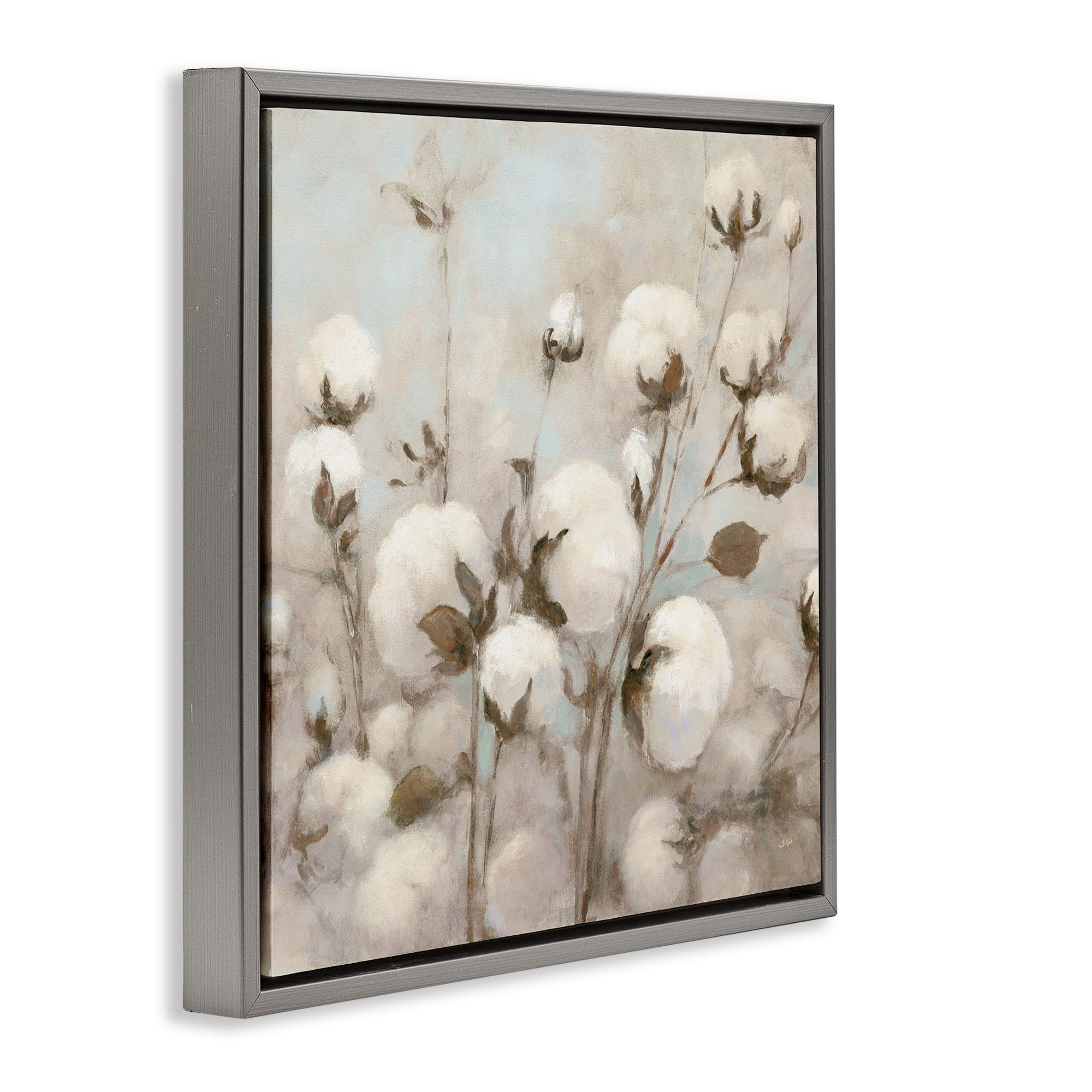 Stupell Industries Neutral Cotton Flower Painting Botanical & Floral Painting Gray Floater Framed Canvas Art Print Wall Art, 25 x 25