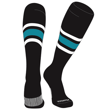 PEAR SOX Striped OTC Baseball, Softball, Football Socks (B) Black, White, Marlin Teal (XL)