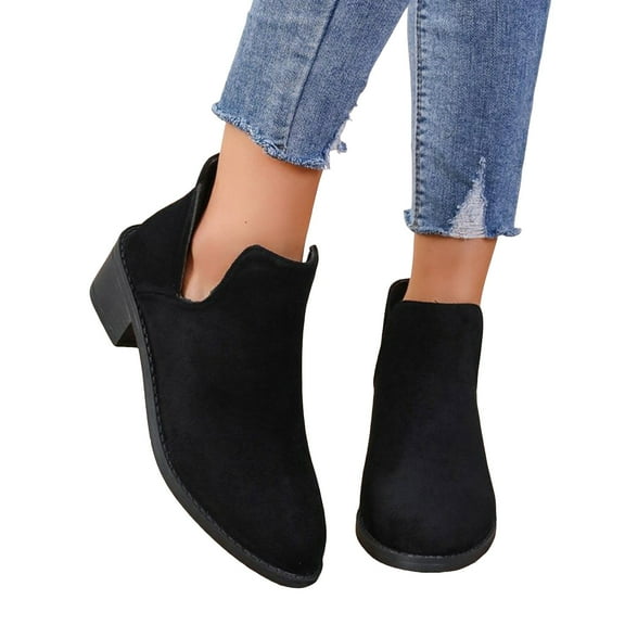 Rokment Womens Dress Boots Winter Spring Fashion V Cut-Out Suede Pointed Toe Chunky Low Heel Slip on Ankle Booties for Ladies Black Size 6