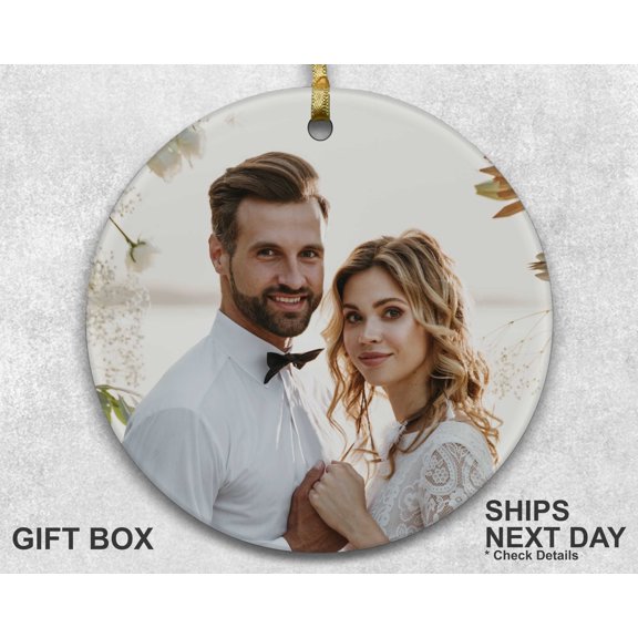 Personalized Photo Ceramic Ornament – Just Married/Engaged Christmas Tree Keepsake