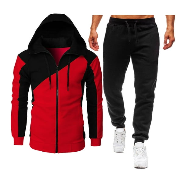Ediodpoh Men's Suits Mens Hooded Cardigan Color Contrast Hooded Sweater Casual Sports Suit Swimsuit for Women Red L