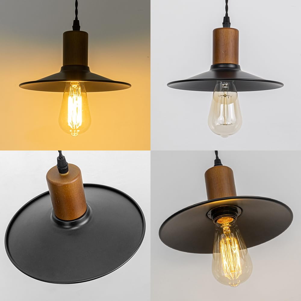 KAYYELAMP H-Type Track Lighting Set 1 Track Rail with Plug Outlet Cable, 1 Track Pendant 3.2 Ft Adjusted Cord Wood Black Metal Shade Vintage Design for Kitchen Loft(No Bulb)