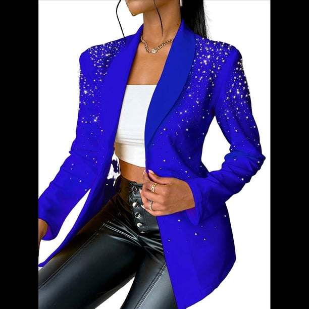 Blazer de Negocios para Mujer, Chaqueta de Traje de Larga con Abertura Frontal, Abrigo con Botones de Diamantes de Imitación, Ropa de Oficina Azul S