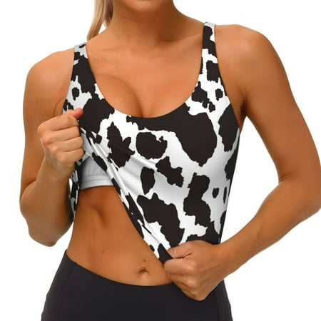 Qokaie Cow Skin 2 Pattern Womens Scoop Neck Sports Bra Breathable Workout Vest Padded U Back Medium Impact Fitness Gym Yoga Bra Workout Crop Top
