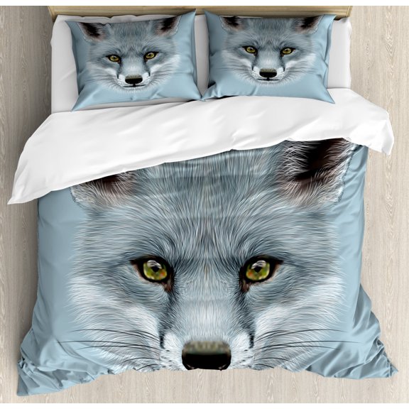 Animal Duvet Cover Set, Grey Fox Portrait Fluffy Forest Creature Mammal Wildlife Style Illustration, Decorative 2 Piece Bedding Set with 1 Pillow Shams, Twin Size, Pale Blue, by Ambesonne