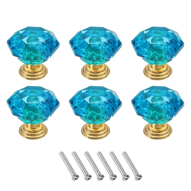 Perillas de cristal Uxcell de 6 piezas de 24 mm para cajones, tiradores para armarios, azul verde/dorado