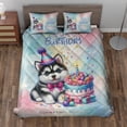 thumbnail image 2 of Happy Birthday Cute Puppy Siberian Husky with Cake Gifts Party Hat Quilt Bedding Set Husky Dog Lover Gifts 1 Blanket Bed Cover 2 Pillowcases - 00029, 2 of 5
