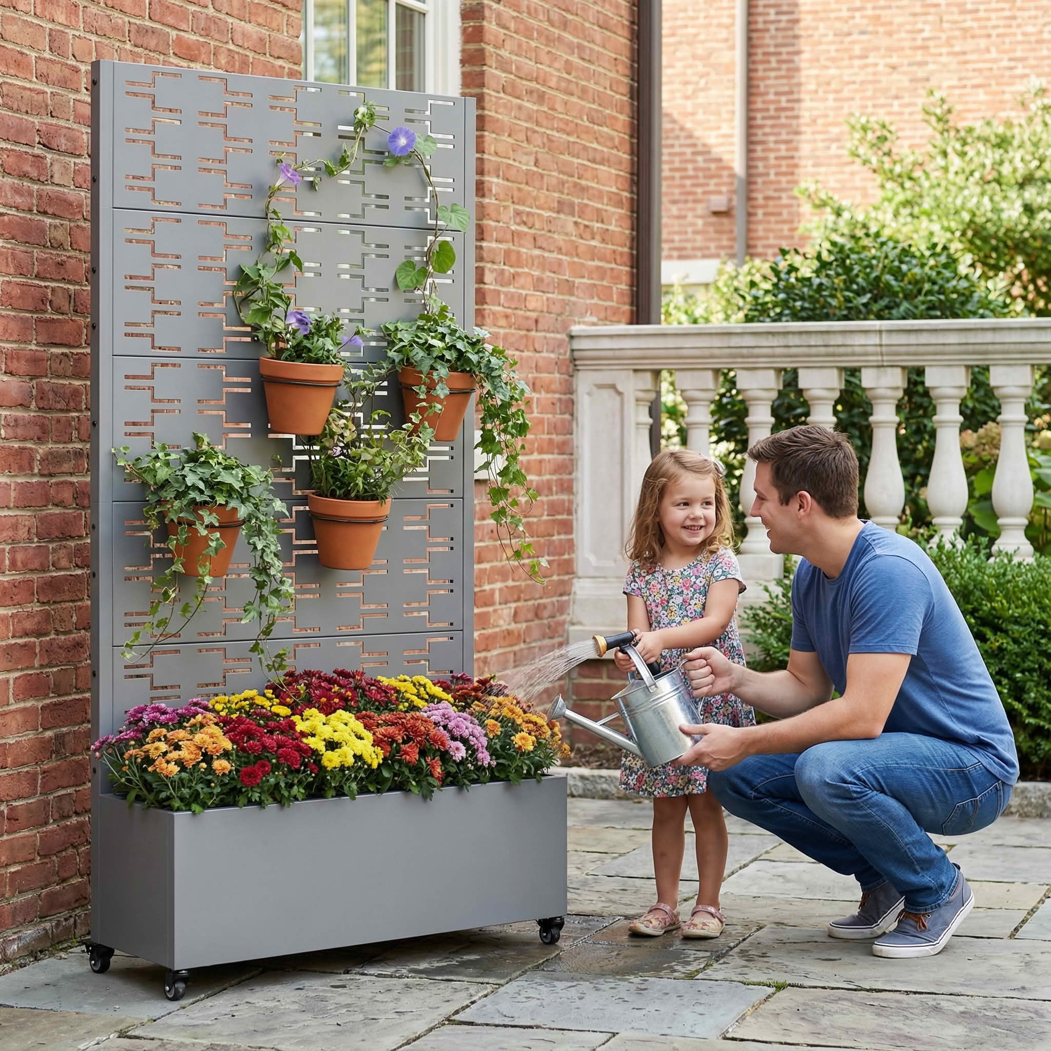 MAYEERTY 72X35" Metal Outdoor Gray Privacy Screen with Planter Box for Backyard & Garden, 5 Piece Set