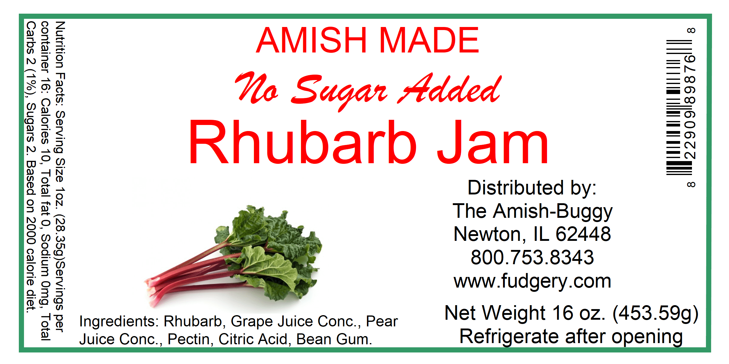 Amish Jam - No Sugar Added - 16 Oz Jar (Rhubarb)