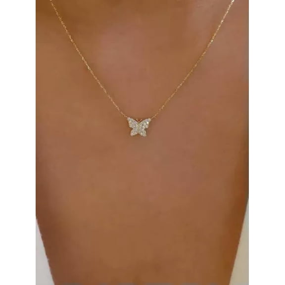 HOOUN Butterfly Pendant Necklace Dainty Rhinestone Gold Tone Chain Minimalist