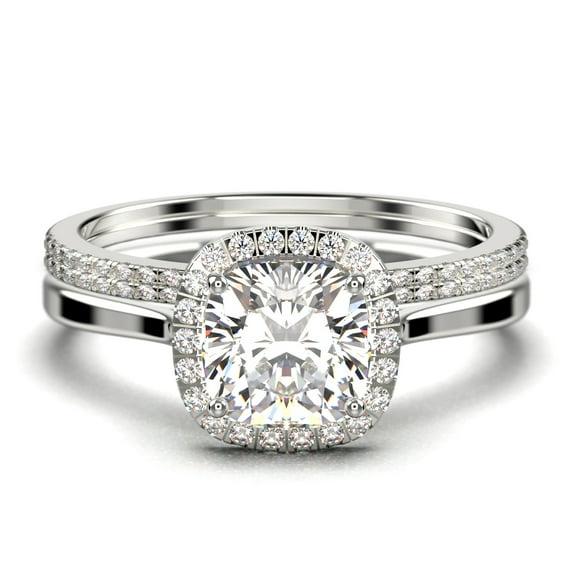 Dazzling Halo 2.55 Carat Cushion Cut Diamond Moissanite Engagement Ring, Wedding Ring, Two Matching Band in 925 Sterling Silver With Plain 18k White Gold Plating Shank Gift For Her
