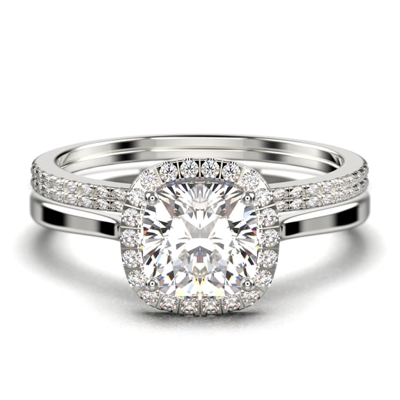 Dazzling Halo 2.55 Carat Cushion Cut Diamond Moissanite Engagement Ring, Wedding Ring, Two Matching Band in 925 Sterling Silver With Plain 18k White Gold Plating Shank Gift For Her