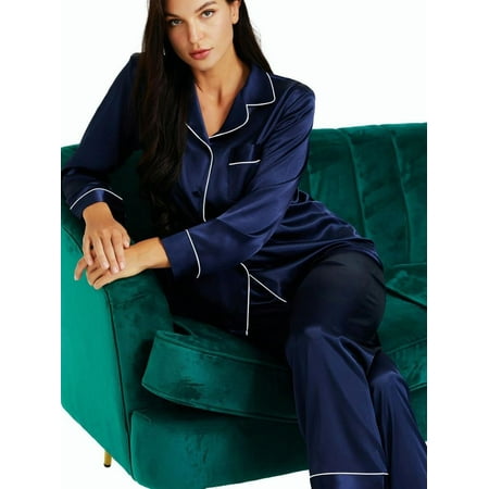 

LONXU Women s Sleepwear Silk Satin Luxury Nightwear Sets Navyblue 3XL