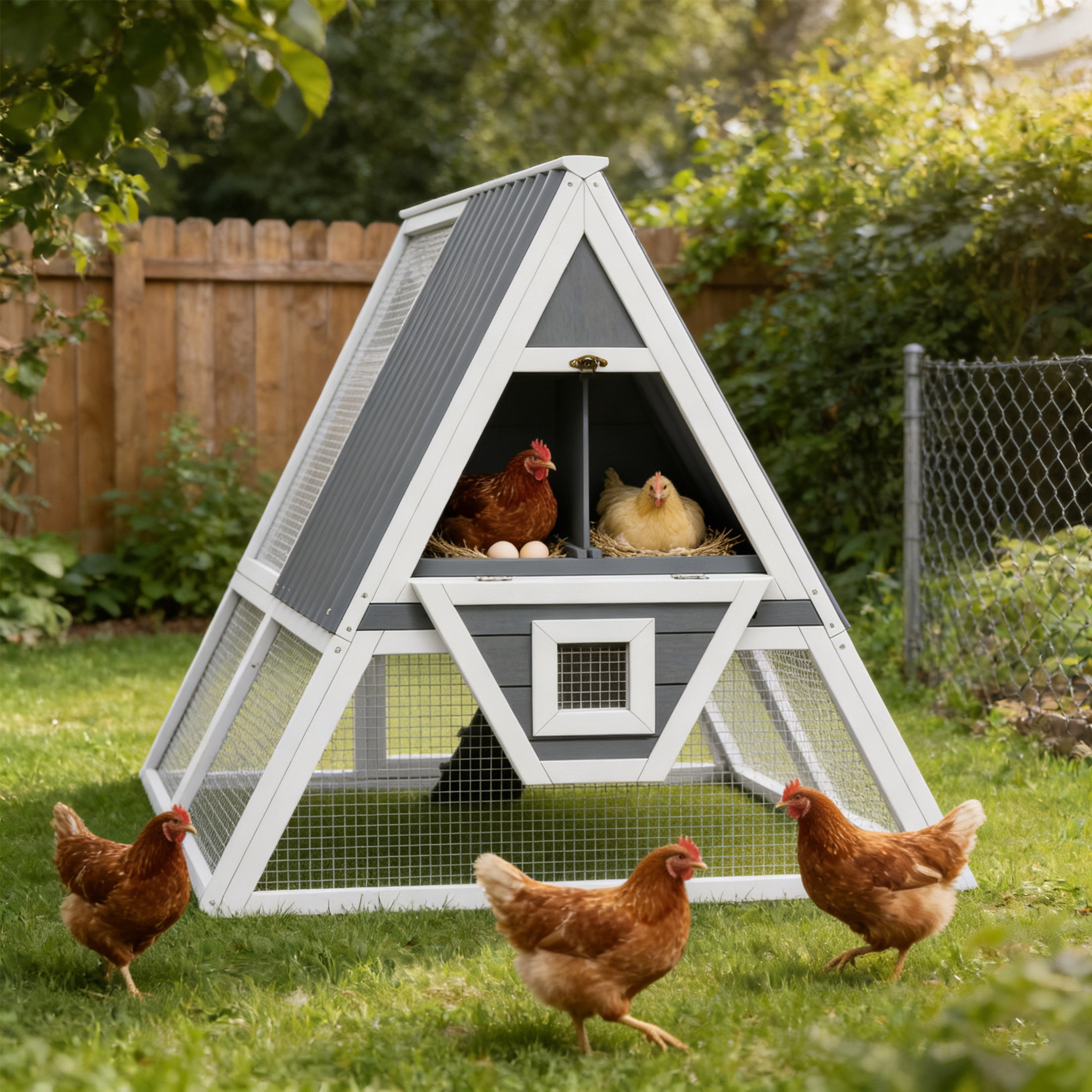 Large Weatherproof Triangular Chicken Coop with Nesting Box & Tray, Spacious Run, White and Gray
