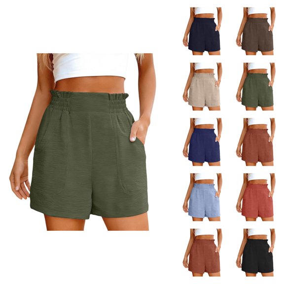 Linen Shorts for Women Summer Casual Elastic High Waist Wide Straight Leg Loose Fit Lightweight Beach Shorts with Pockets