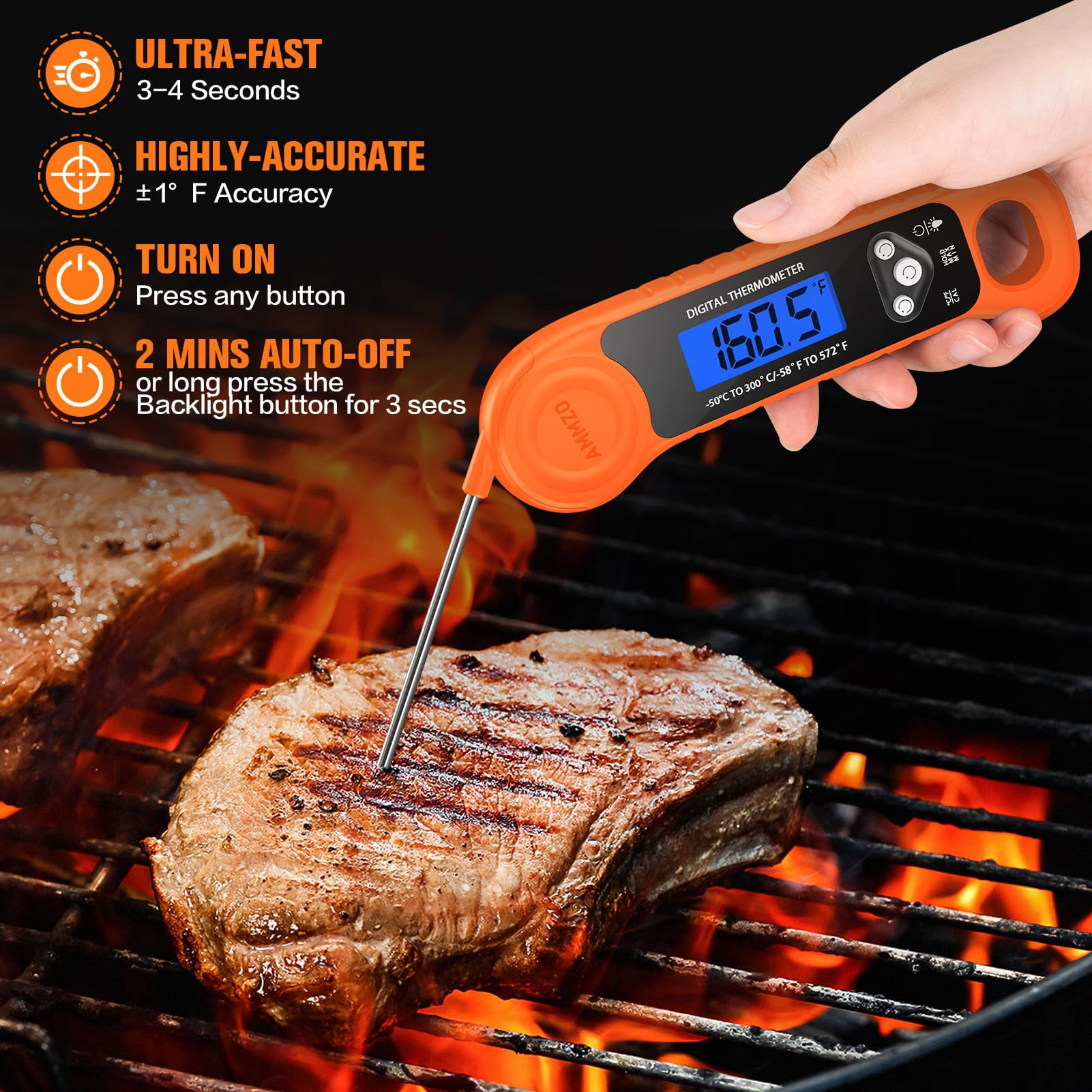 Digital Food Thermometer Orange Instant Read Waterproof Backlight for Grilling Cooking