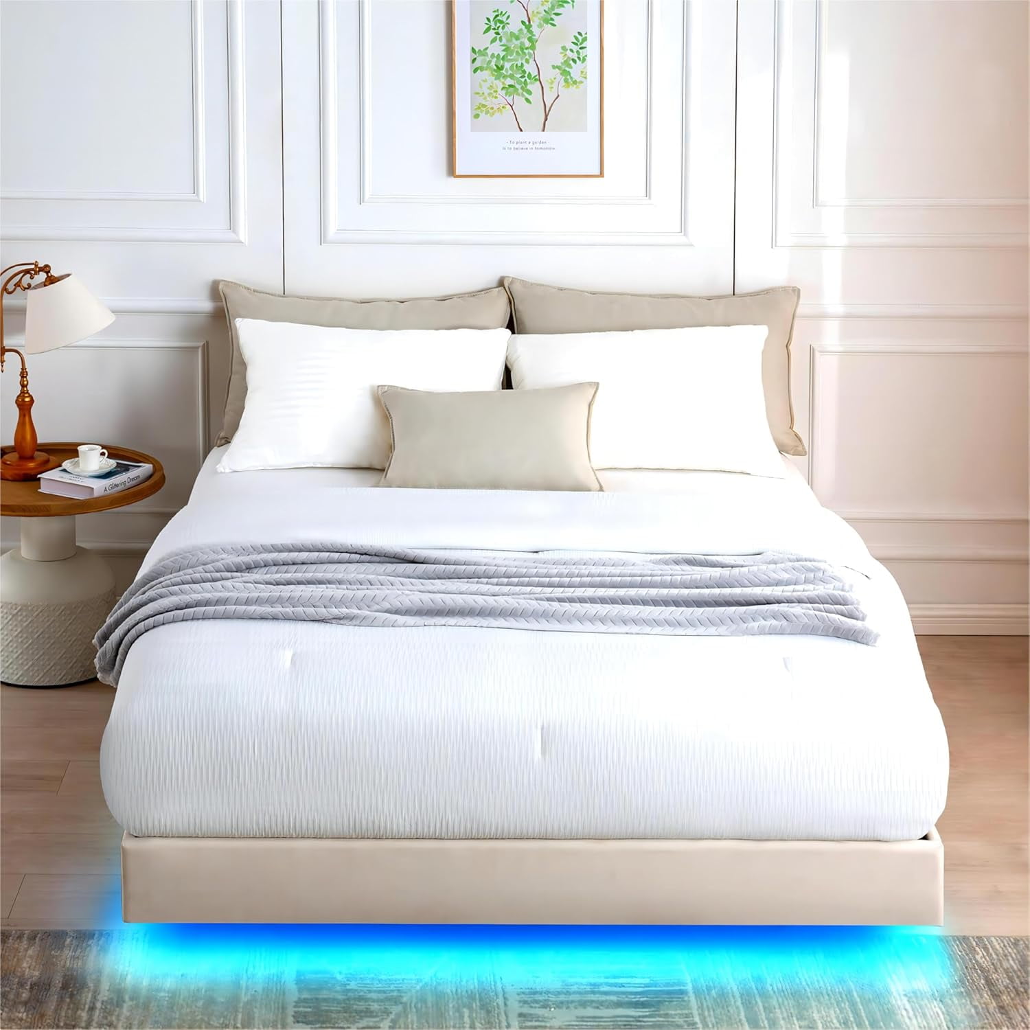 Reliancer Full Size Floating Bed Frame with LED Lights, Modern Upholstered Full Platform Bed Frame, No Headboard, No Box Spring Needed, Easy to Assemble