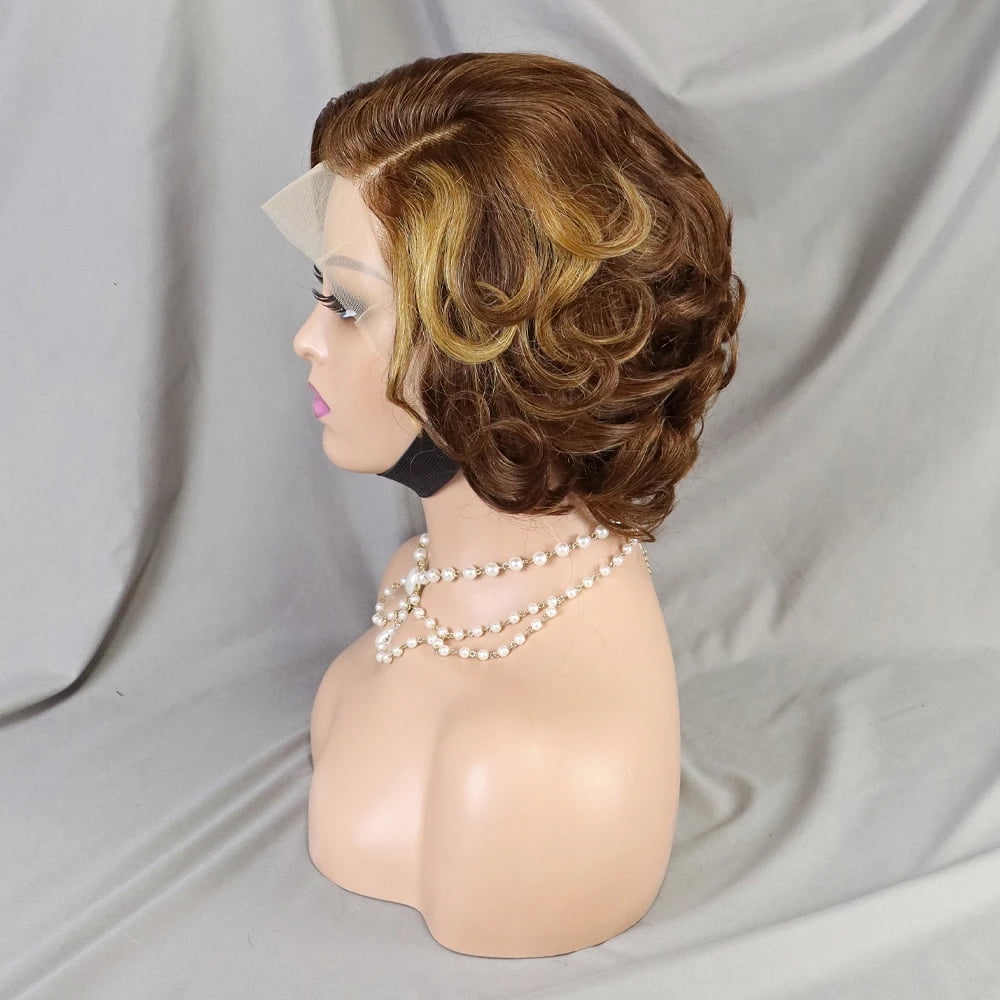 4/30 Brown Color Loose Wave Pixie Cut Wig Short Bob Human Hair 13x4 Lace Frontal Wigs Transparent Lace Human Hair for Black Women Lace Front Human Hair Wig