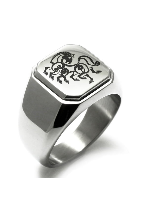 Stainless Steel Odin's Sleipnir Horse Viking Norse Engraved Square Flat Top Biker Style Polished Signet Ring