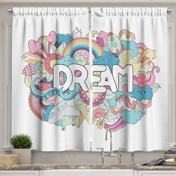 Unicorn Party Curtains 2 Panels Set, Colorful Cartoon Style Childish Elements Dream Lettering Doodle Illustration, Window Drapes for Living Room Bedroom, 55W X 39L Inches, Multicolor, by Ambesonne