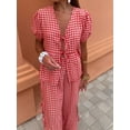 thumbnail image 6 of Yunliwuli Women Summer Pants Outfits Plaid Front Tie-Up Short Sleeve Shirts Tops Elastic Waist Long Pants 2 Pieces Clothes Set, 6 of 10