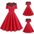 thumbnail image 2 of Kilaqueen Holiday Dresses for Women Vintage Audrey Hepburn Style Lapel V Neck Short Sleeve Dress Casual Work Wedding Party Elegant Midi Evening Dress, 2 of 9