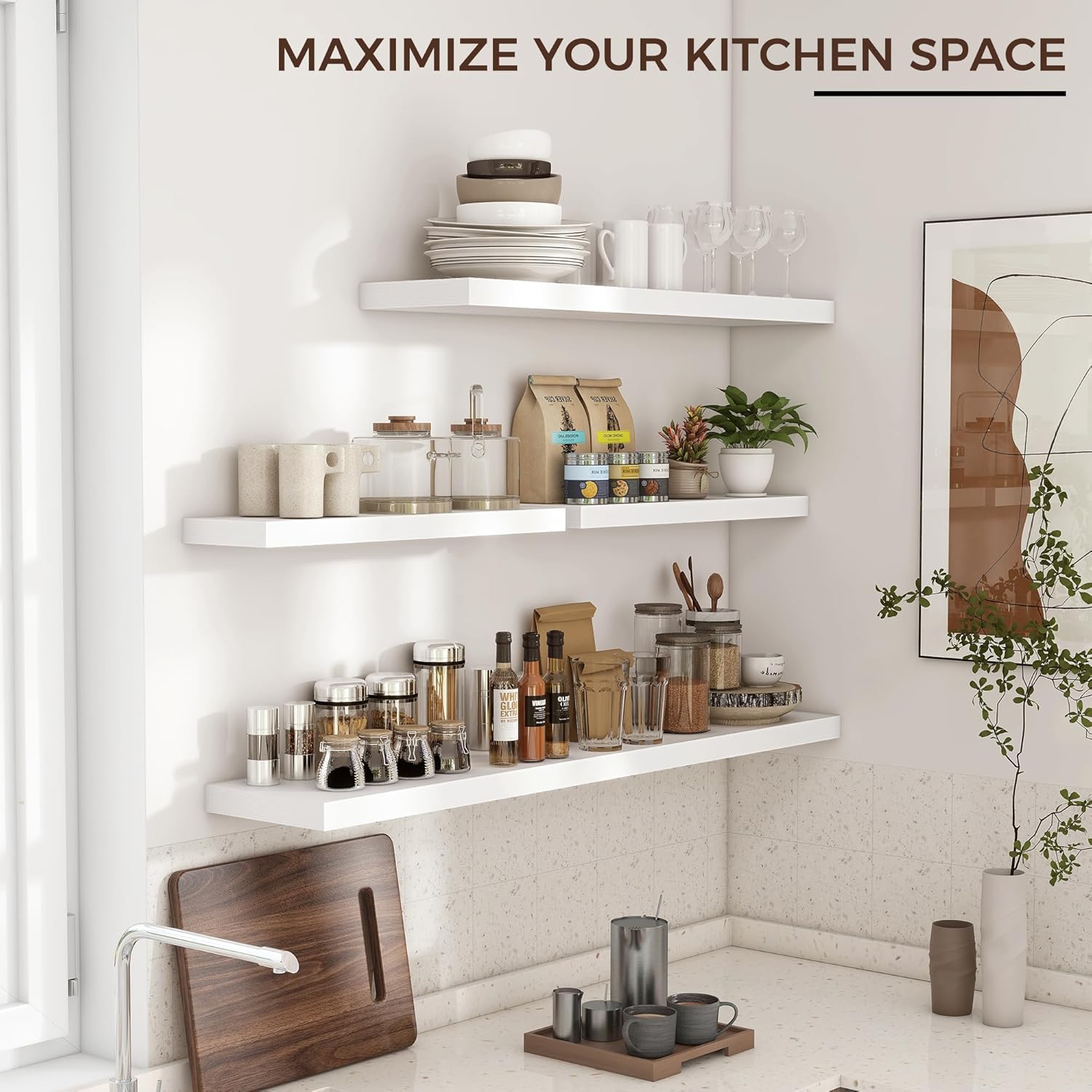 Floating Shelves for Wall, Large Wall Mounted Shelves with Invisible Brackets, Long Wood Floating Wall Shelf Shelves for Living Room, Bedroom, Kitchen, Bathroom Decor (White, 48" W x 9" D x 1.5" H)