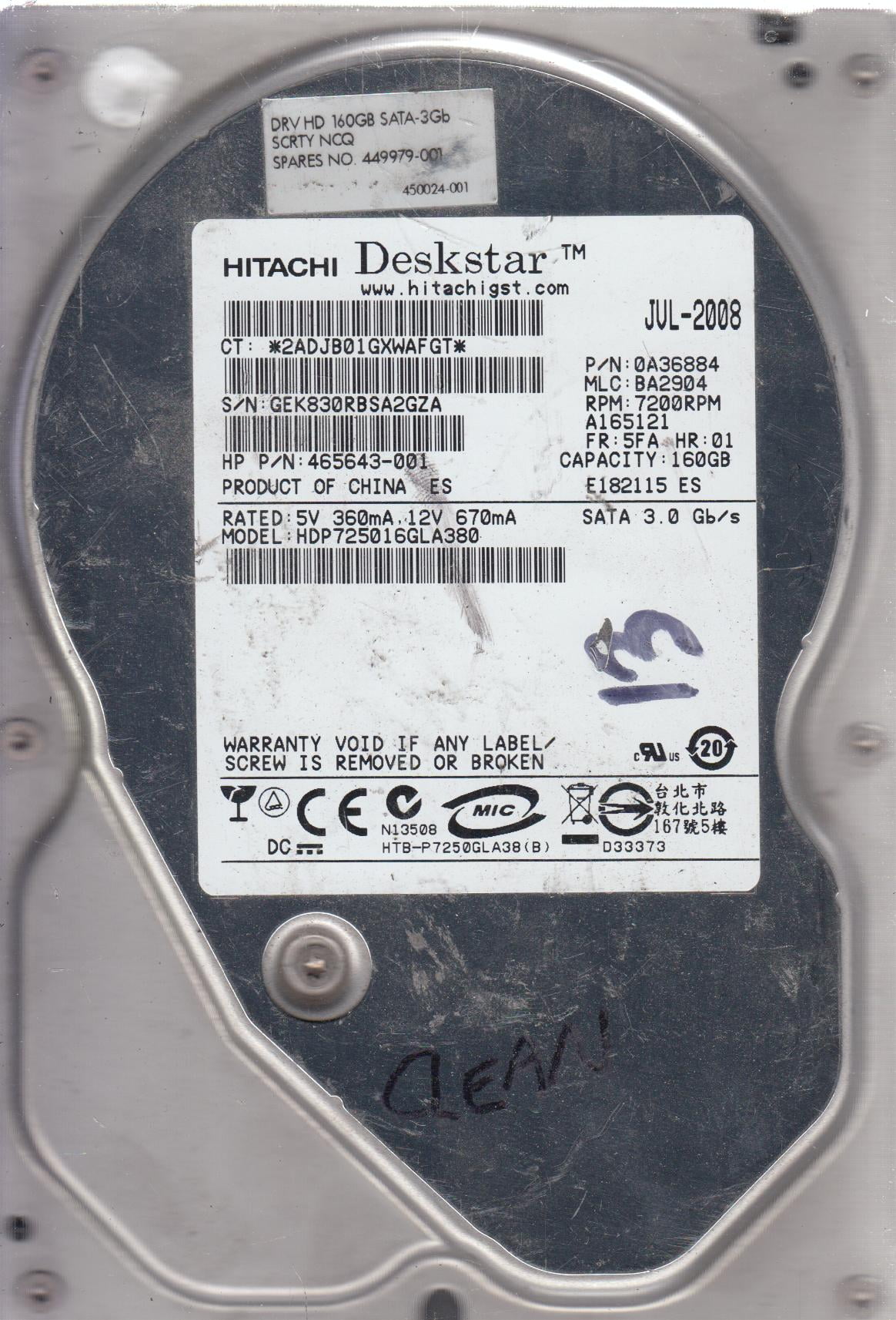 HDP725016GLA380, PN 0A36884, MLC BA2904, Hitachi 160GB SATA